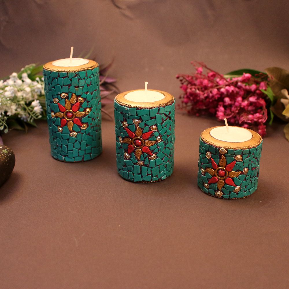 Handicraft Wooden Candle Set Of 3